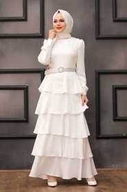 Neva Style - Ecru Turkish Hijab Muslim Evening Dress 3037E - Thumbnail