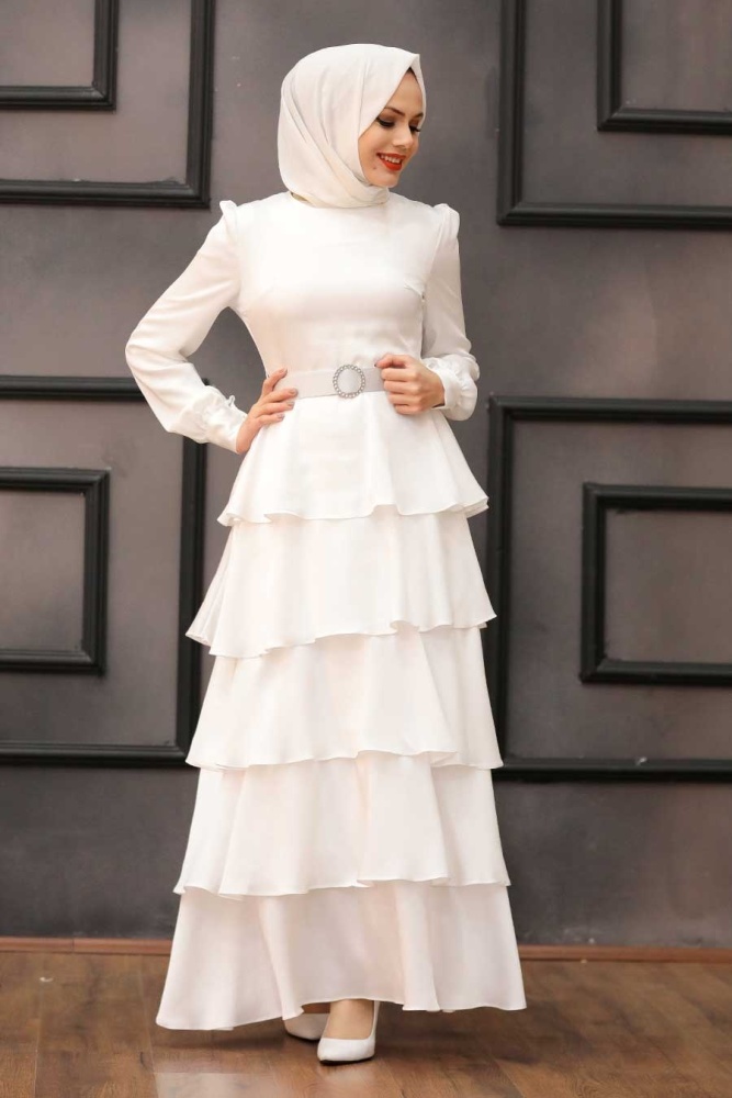 Neva Style - Ecru Turkish Hijab Muslim Evening Dress 3037E - 2