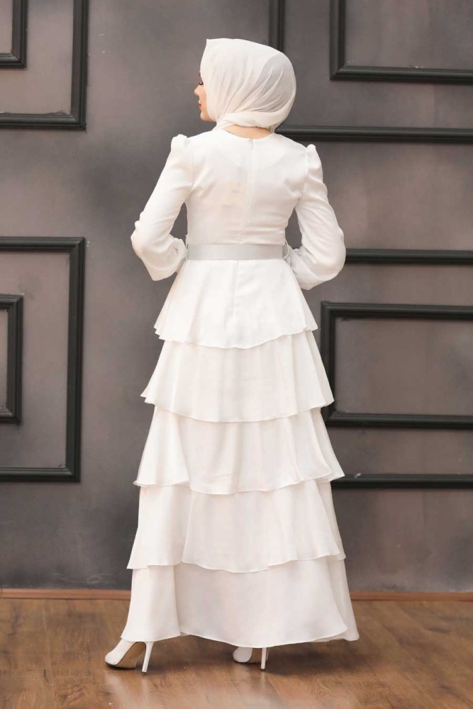 Neva Style - Ecru Turkish Hijab Muslim Evening Dress 3037E - 3