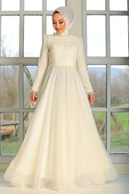 Ecru Hijab Evening Dress 32670E - Thumbnail