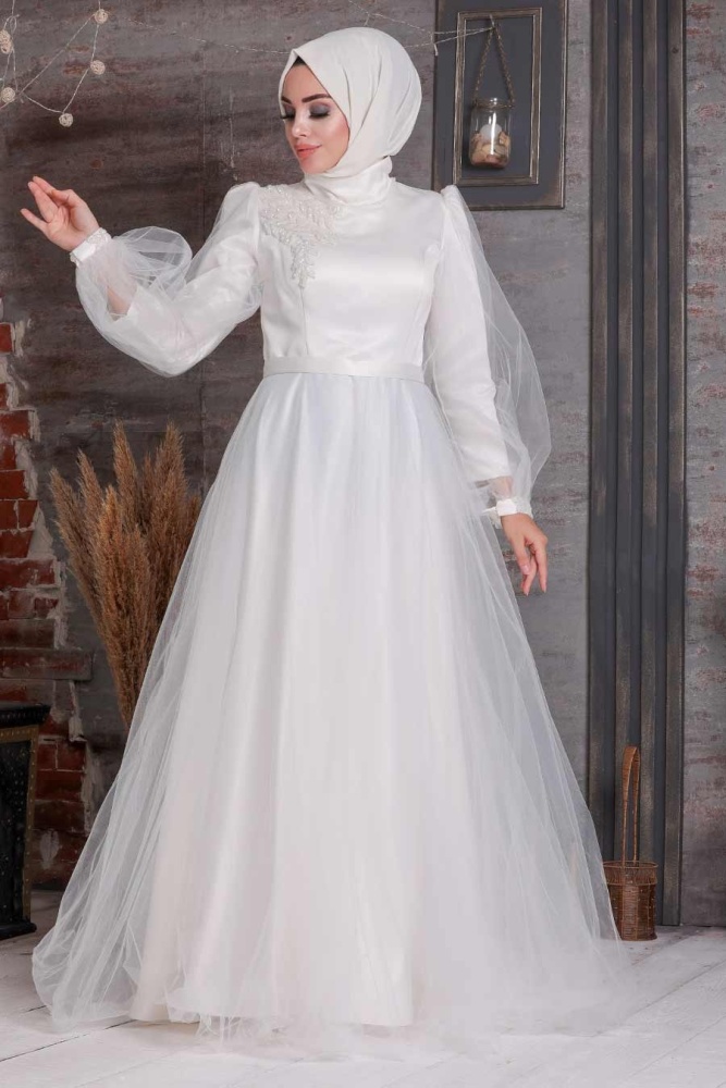 Ecru Hijab Evening Dress 40460E - 1