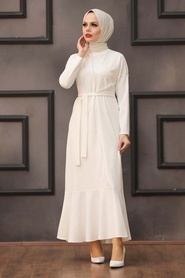 Ecru Hijab Evening Dress 40530E - Thumbnail