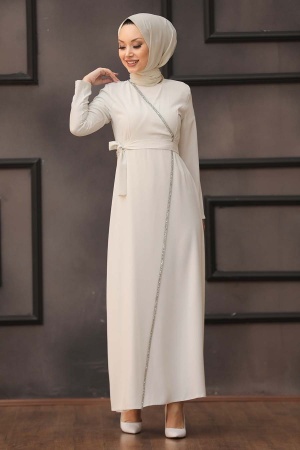 Ecru Hijab Evening Dress 40581E - tesetturisland.com