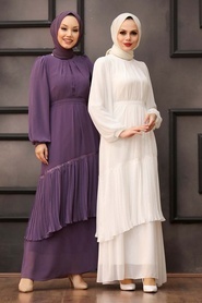 Ecru Hijab Evening Dress 40602E - Thumbnail