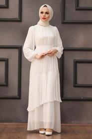 Ecru Hijab Evening Dress 40602E - Thumbnail