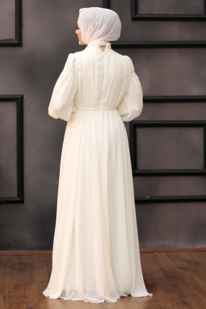 Ecru Hijab Evening Dress 4071E - 2