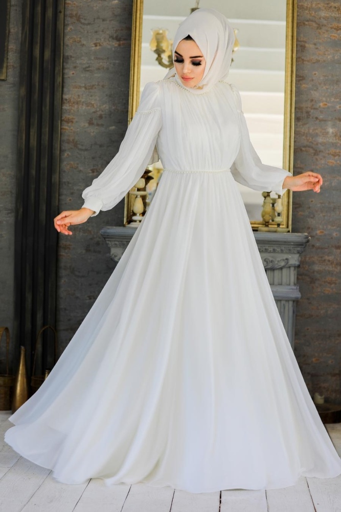 Ecru Hijab Evening Dress 4071E - 1