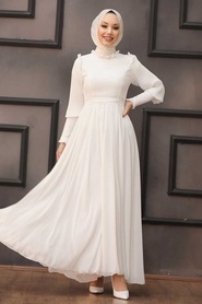 Ecru Hijab Evening Dress 40720E - Thumbnail