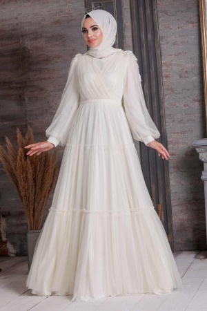 Ecru Hijab Evening Dress 4072E - 1