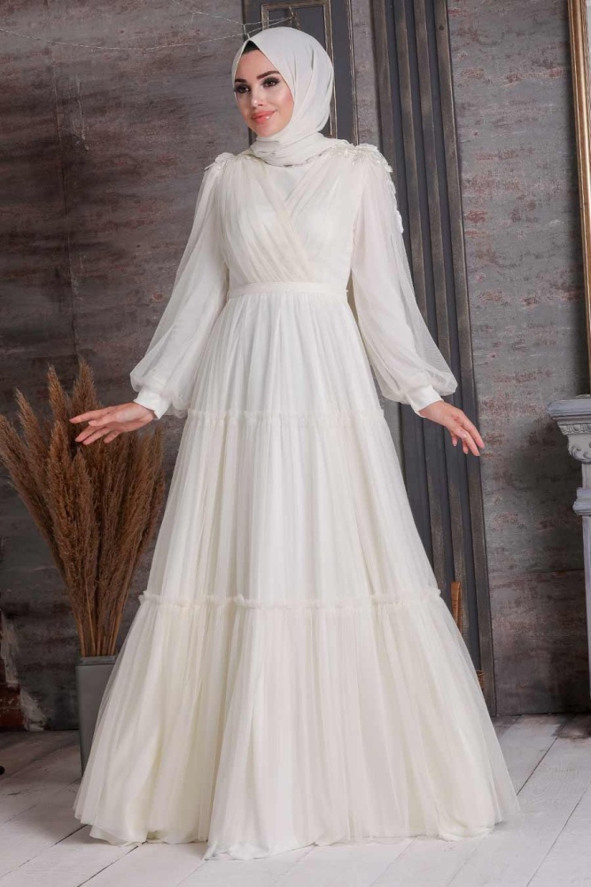 Ecru Hijab Evening Dress 4072E - 1