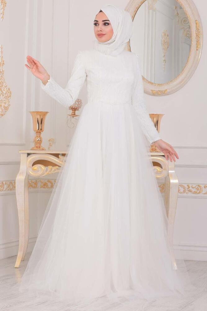 Ecru Hijab Evening Dress 4074E - 2