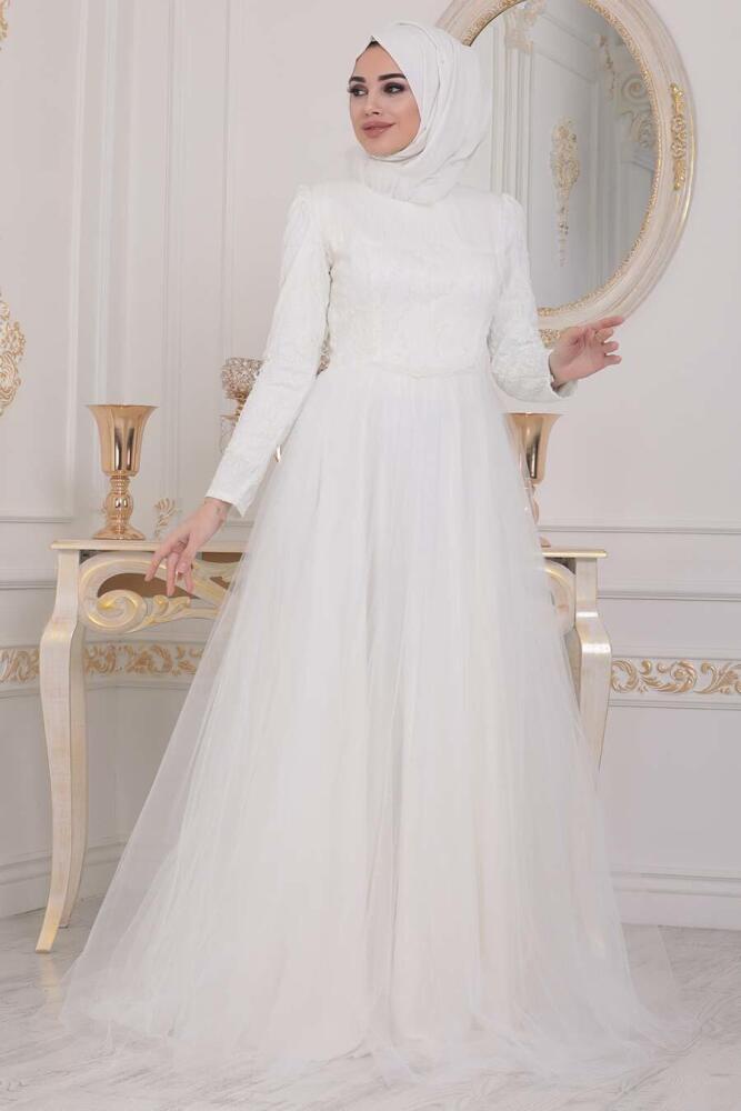Ecru Hijab Evening Dress 4074E - 3