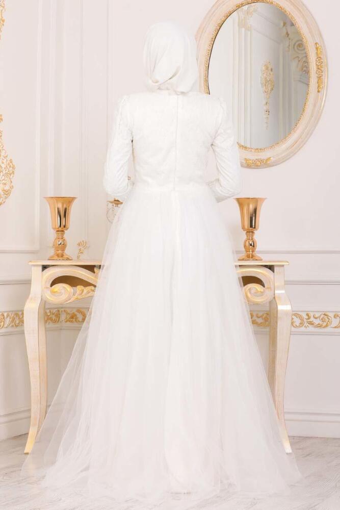 Ecru Hijab Evening Dress 4074E - 4