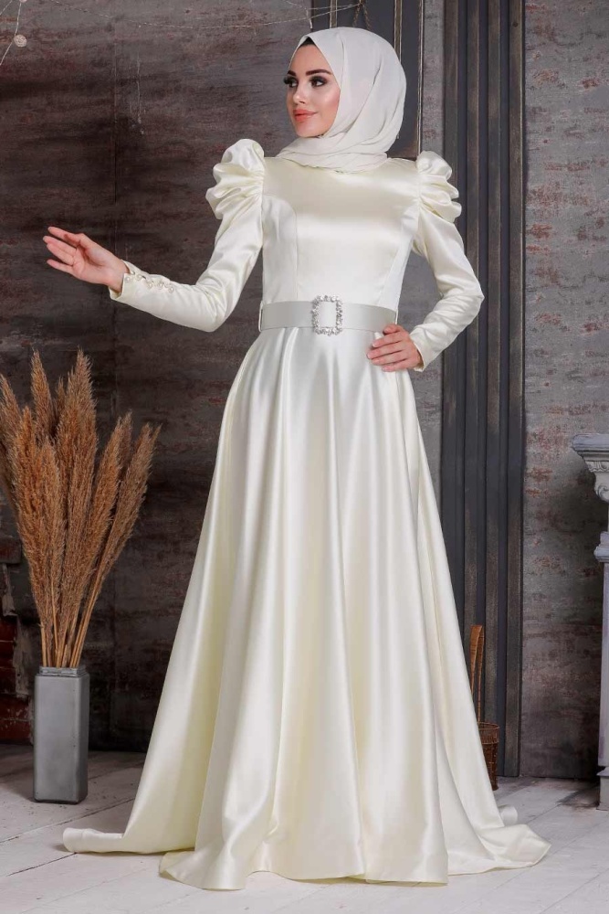 Ecru Hijab Evening Dress 40801E - 1