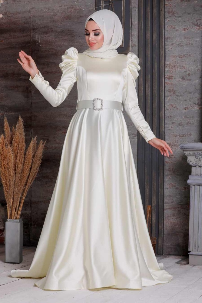 Ecru Hijab Evening Dress 40801E - 2