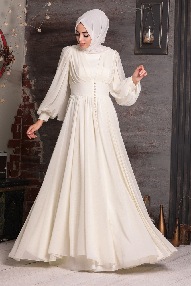 Ecru Hijab Evening Dress 41011E - 1