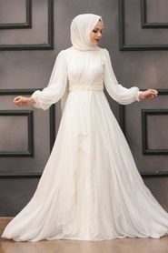 Ecru Hijab Evening Dress 4313E - Thumbnail