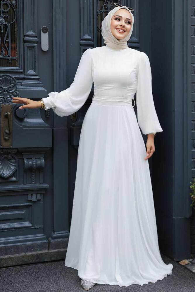 Neva Style - Plus Size Ecru Hijab Engagement Dress 5470E - 2