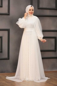 Neva Style - Stylish Ecru Islamic Prom Dress 55190E - Thumbnail