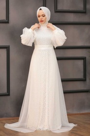 Neva Style - Stylish Ecru Islamic Prom Dress 55190E - Thumbnail