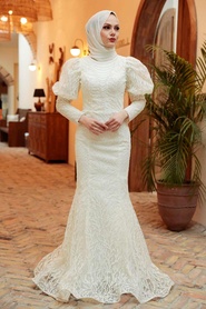 Neva Style - Stylish Ecru Islamic Long Sleeve Maxi Dress 865E - Thumbnail