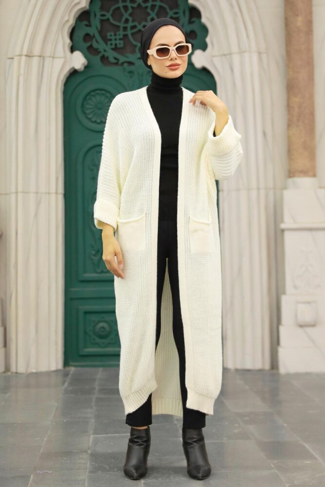 Ecru Hijab Knitwear Cardigan 4182E - 3