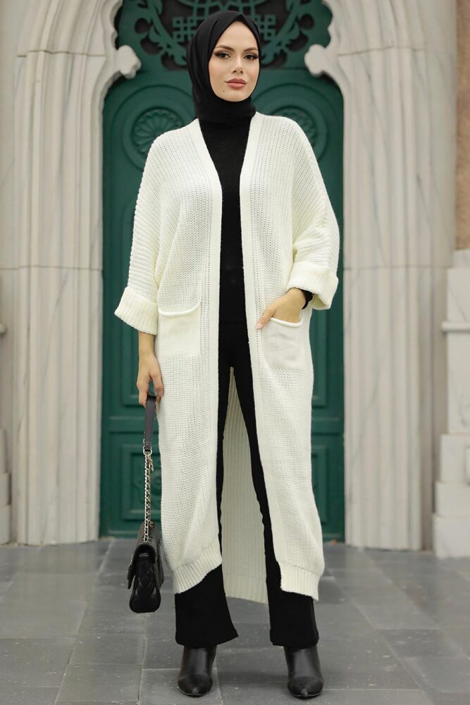 Ecru Hijab Knitwear Cardigan 4182E - 7