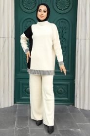 Ecru Hijab Knitwear Double Suit 23830E - Thumbnail
