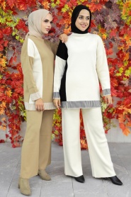 Ecru Hijab Knitwear Double Suit 23830E - Thumbnail