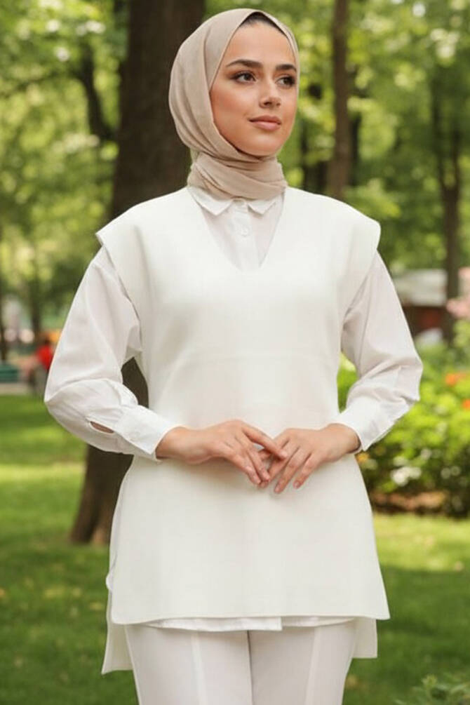 Ecru Hijab Knitwear Sweater 23881E - 1