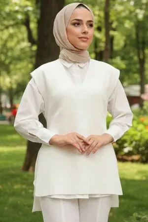 Ecru Hijab Knitwear Sweater 23881E - 1