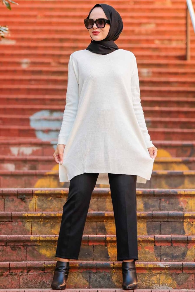 Ecru Hijab Knitwear Tunic 18120E - 1