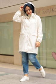 Ecru Hijab Leather Coat 1305E - Thumbnail