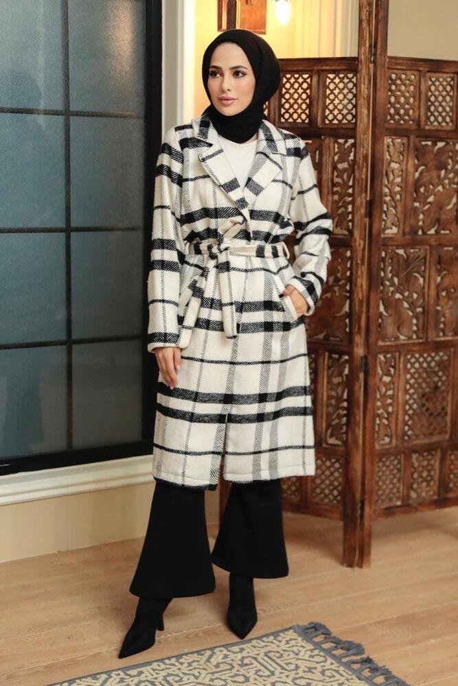 Ecru Hijab Stamp Coat 11005E - 1