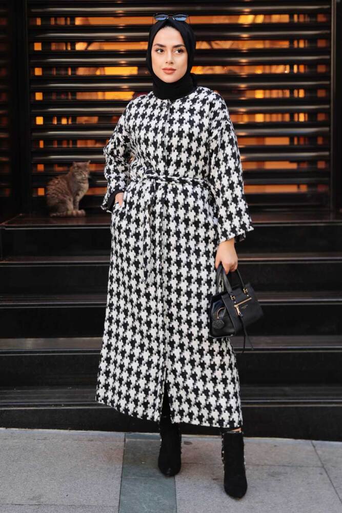 Ecru Hijab Stamp Coat 5663E - 1