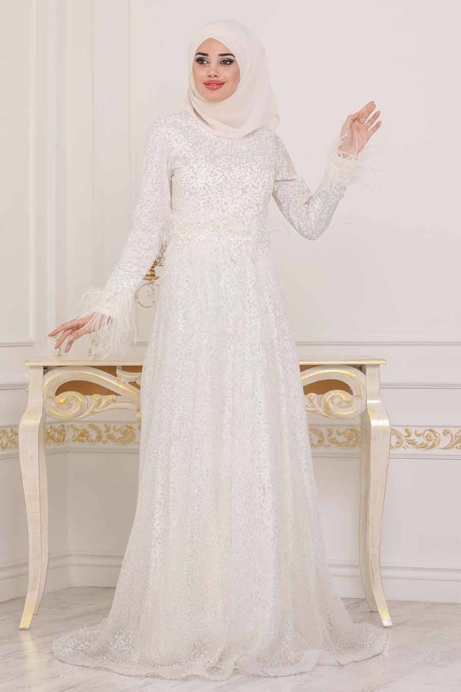 Ecru Hijab Evening Dress 3935E - 1