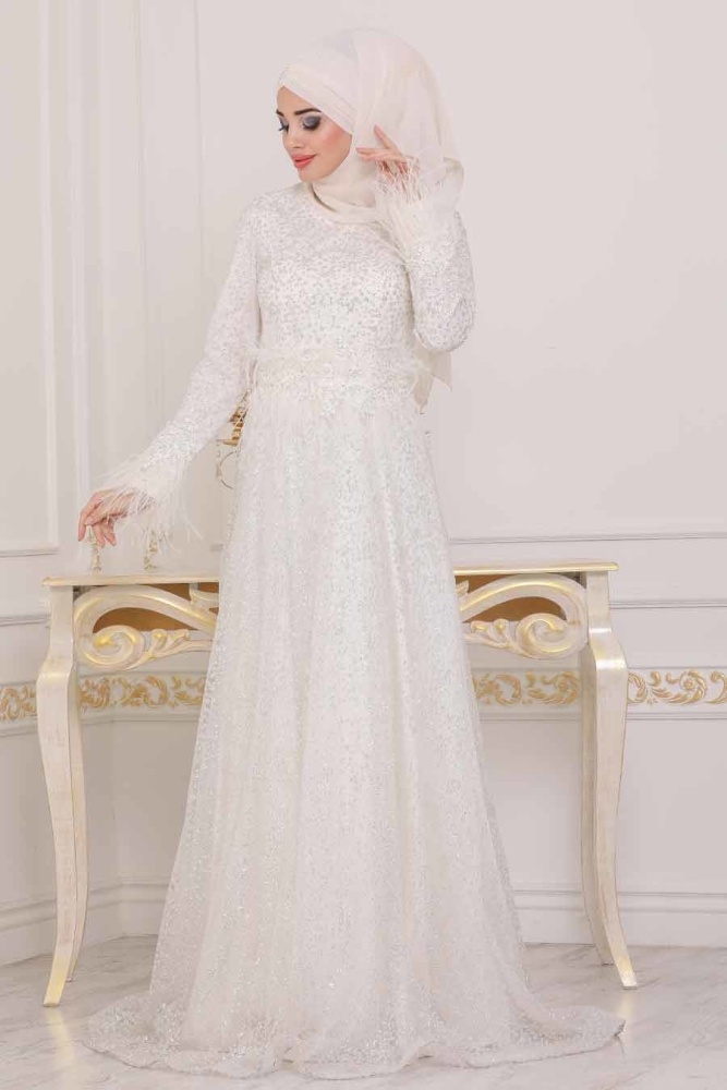 Ecru Hijab Evening Dress 3935E - 2
