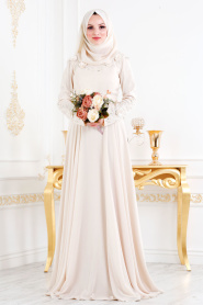 Ecru - Nayla Collection - Robe de Soirée Hijab 44720E - Thumbnail