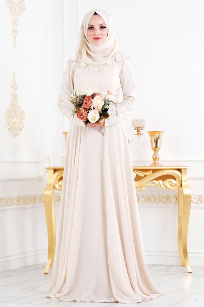 Ecru - Nayla Collection - Robe de Soirée Hijab 44720E - 1
