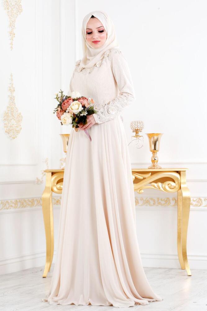 Ecru - Nayla Collection - Robe de Soirée Hijab 44720E - 2
