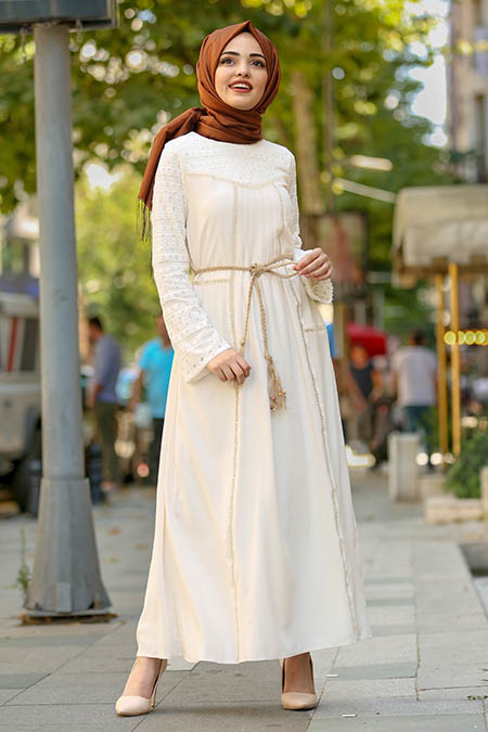 Ecru - Nayla Collection Robe Hijab 36141E