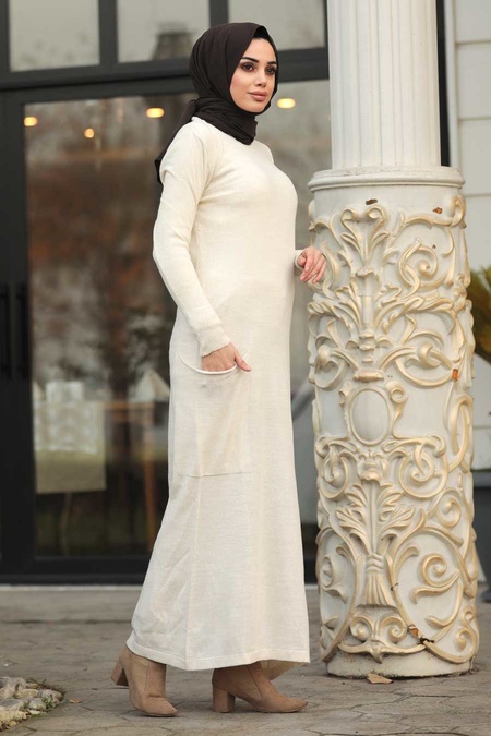 Ecru - Neva Style - Robe En Tricot Hijab 15369E
