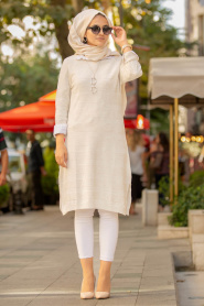 Ecru - Neva Style - Tunique En Tricot Hijab 153801E - Thumbnail