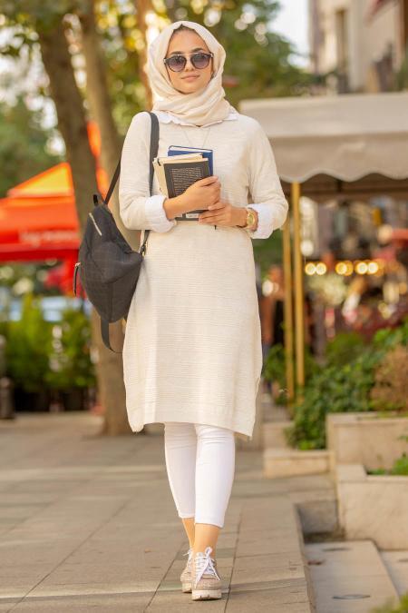 Ecru - Neva Style - Tunique En Tricot Hijab 153801E - 2