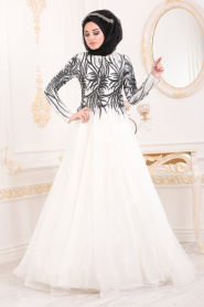 Ecru-Tesettürlü Abiye Elbise -Robe de Soirée Hijab 20690E - Thumbnail