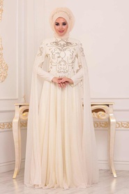 Ecru - Tesettürlü Abiye Elbise - Robe de Soirée Hijab - 2093E - Thumbnail