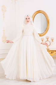 Ecru-Tesettürlü Abiye Elbise - Robe de Soirée Hijab 3285E - Thumbnail
