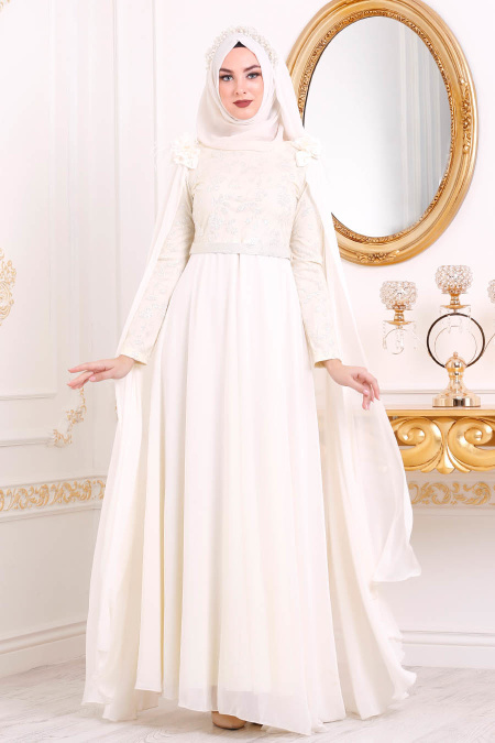 Ecru-Tesettürlü Abiye Elbise - Robe de Soirée Hijab 3285E