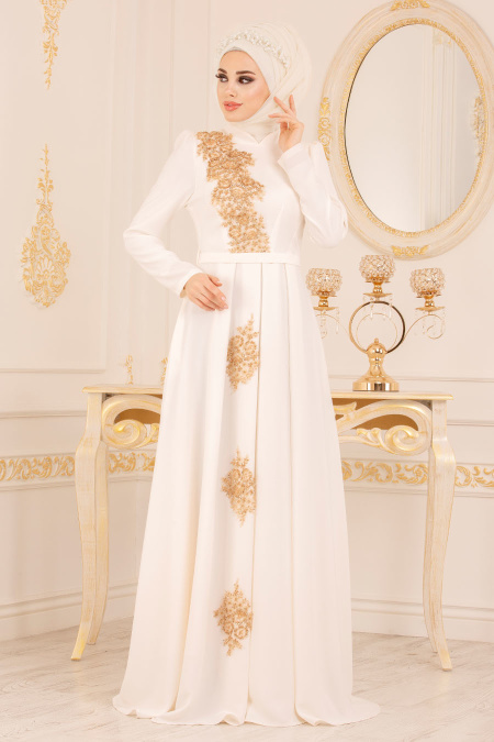 Ecru-Tesettürlü Abiye Elbise - Robe de Soirée Hijab 36201E