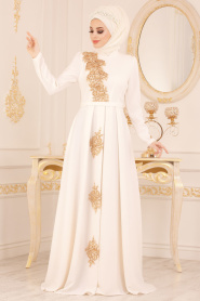 Ecru-Tesettürlü Abiye Elbise - Robe de Soirée Hijab 36201E - Thumbnail